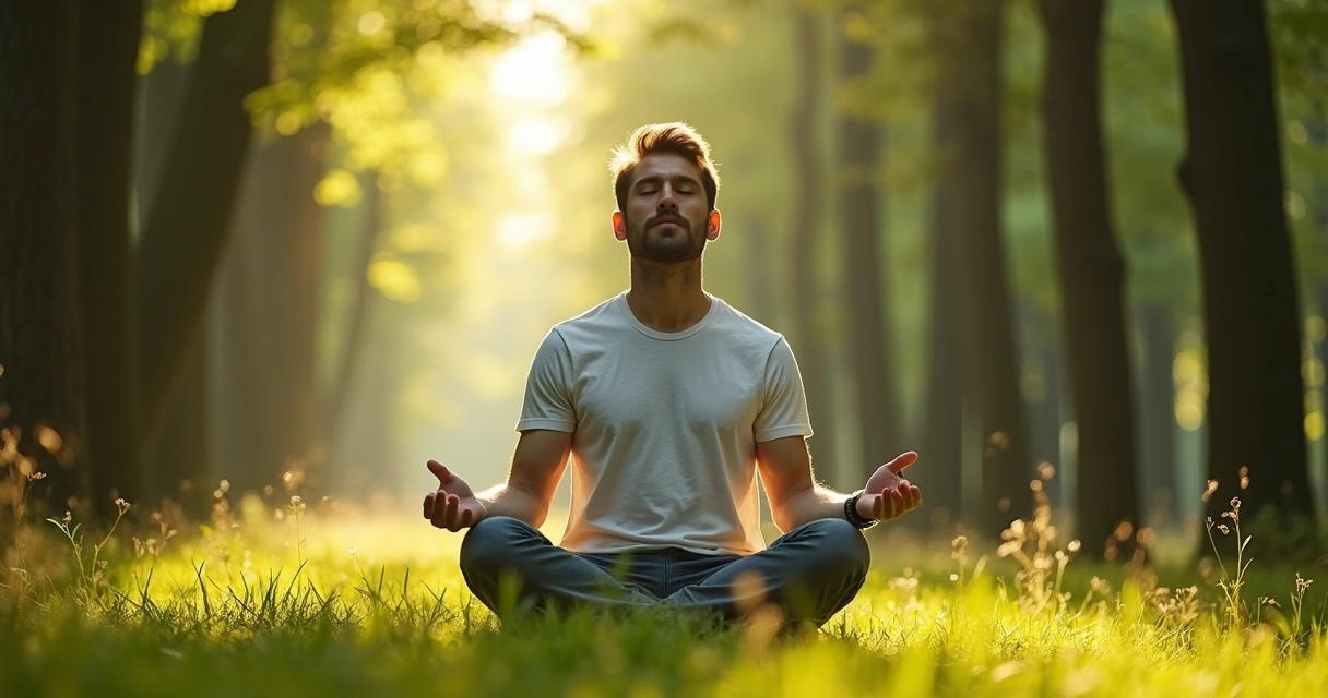 Homem meditando ao ar livre cercado por árvores