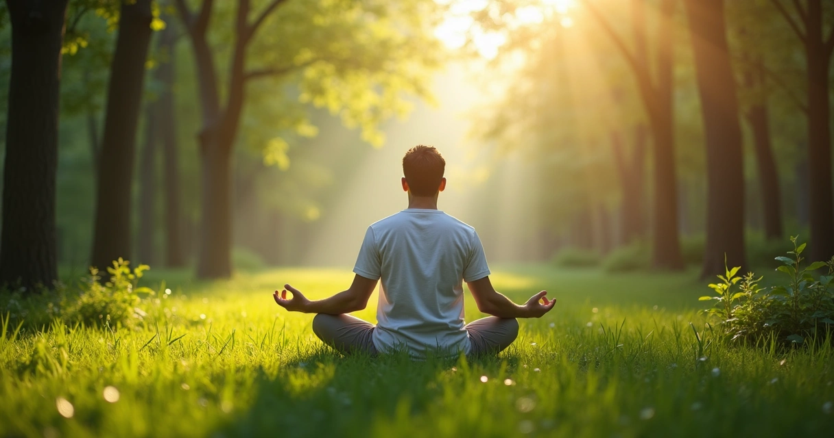 Homem sentado em posição de meditação em meio à natureza 
