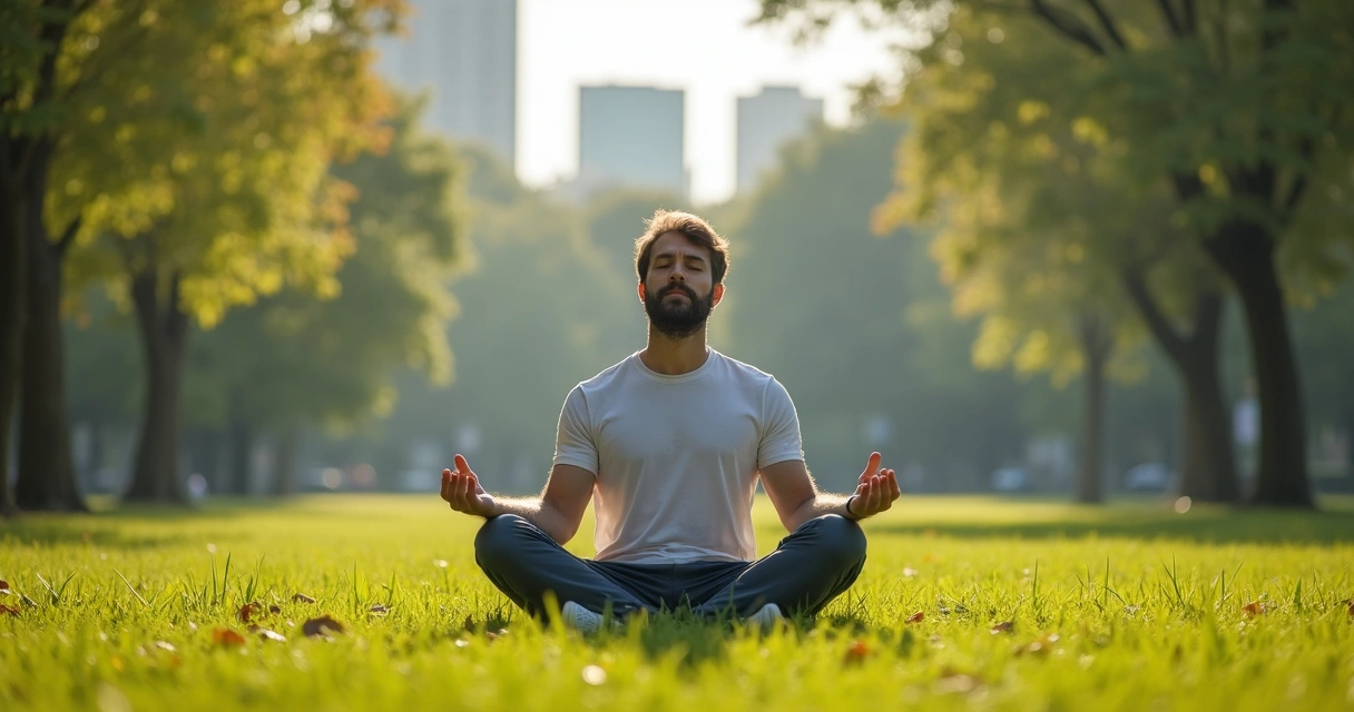 Homem sentado no parque meditando com olhos fechados 