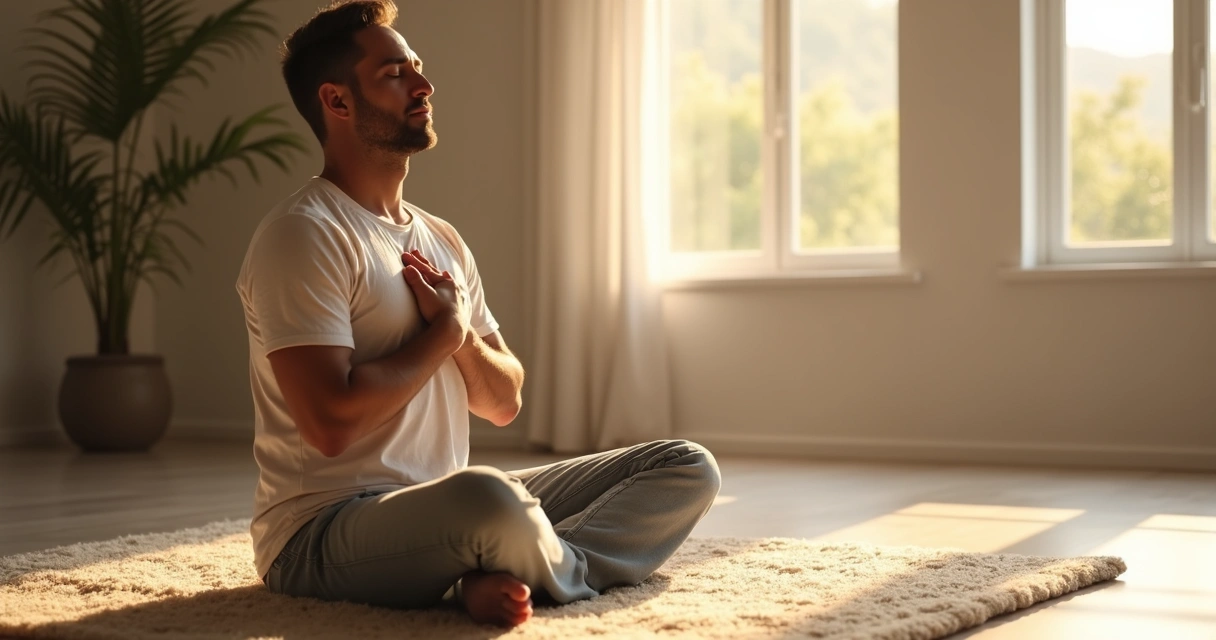 Homem sentado sozinho, olhos fechados, ouvindo atentamente 