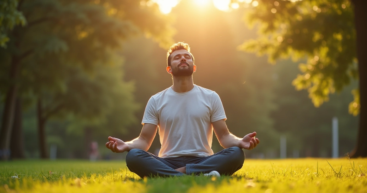 Homem sentado em posição de meditação ao ar livre, com olhos fechados 