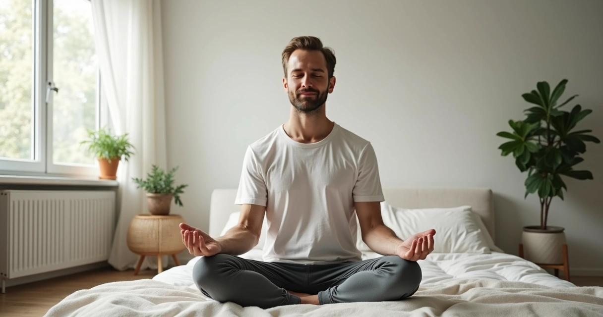 Homem meditando sentado no chão de um quarto arejado com luz natural. 