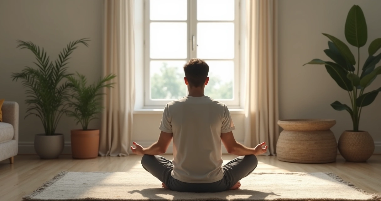 Homem sentado em posição de meditação em sala tranquila 