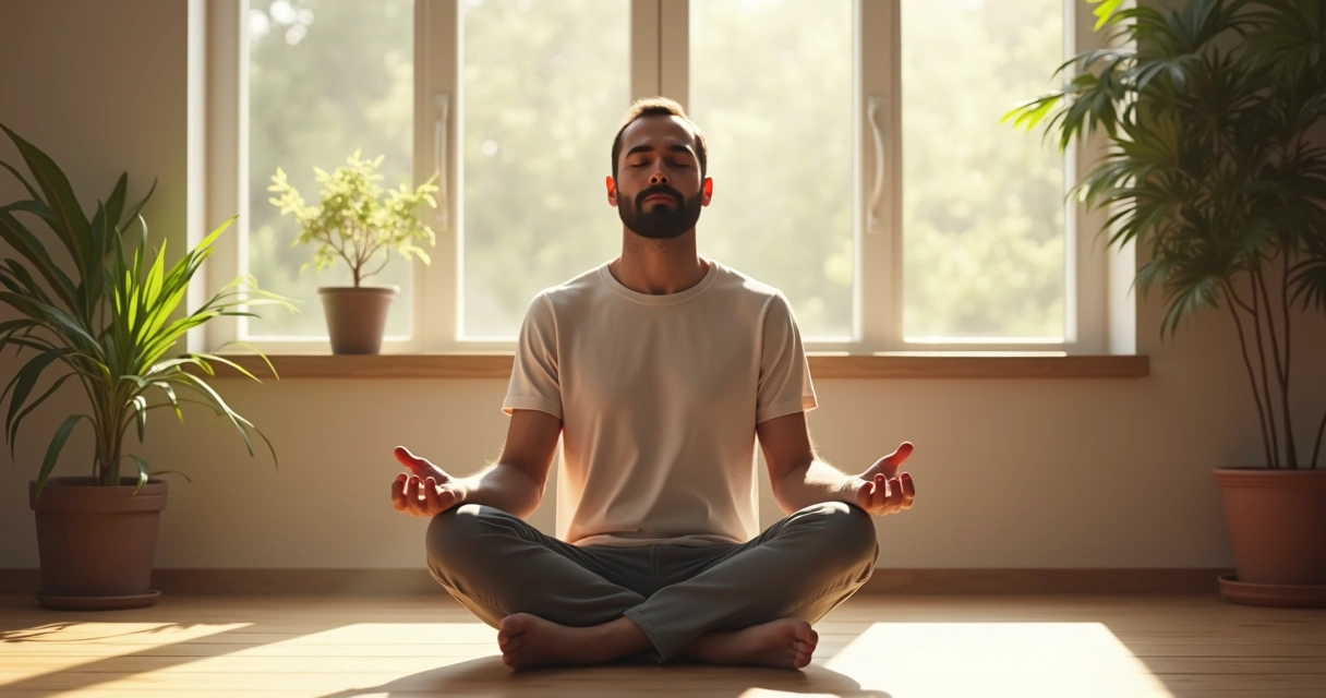 Homem sentado em posição de meditação em uma sala iluminada por luz natural