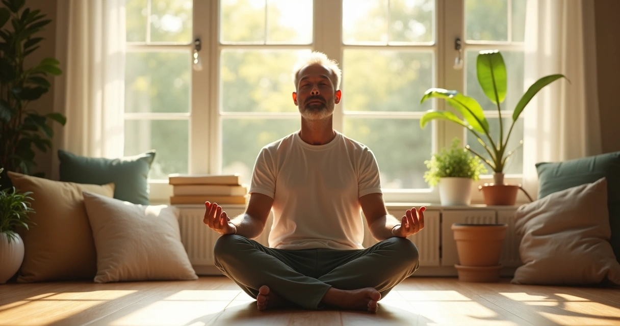 Homem sentado meditando próximo a uma janela iluminada, ambiente calmo. 