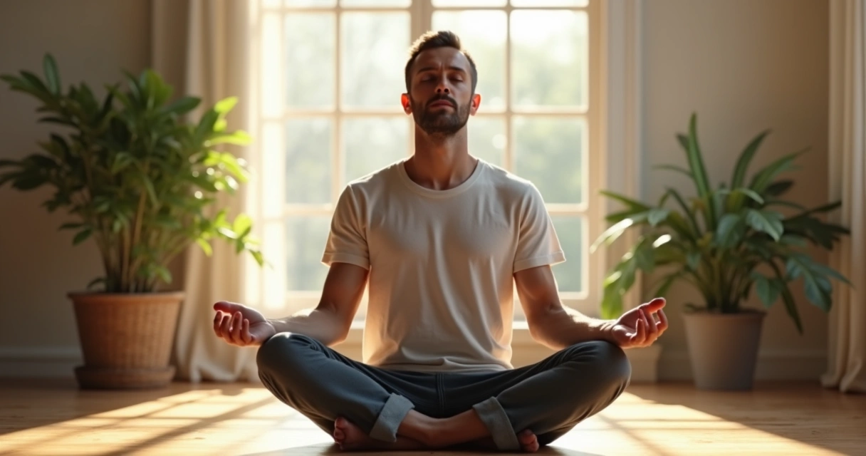Pessoa sentada no chão em posição de meditação, olhos fechados e ambiente calmo ao redor 