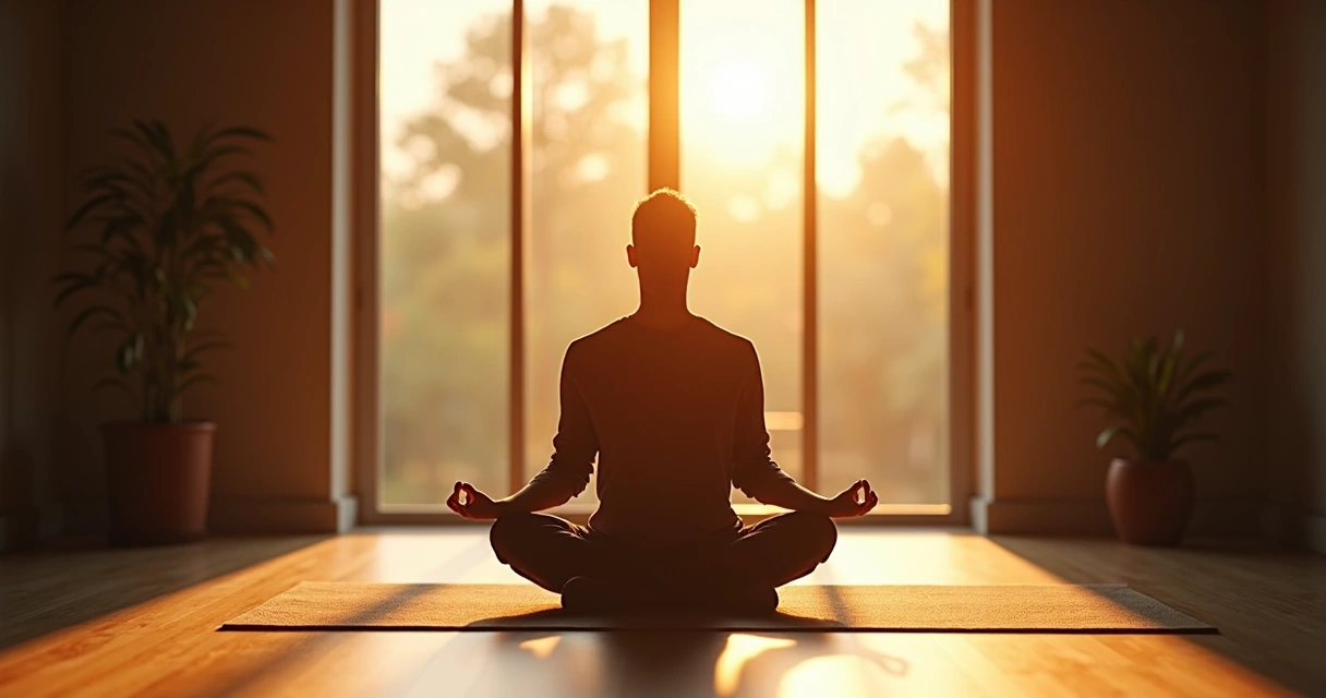 Homem sentado de pernas cruzadas sobre tapete, meditando com sol ao fundo. 