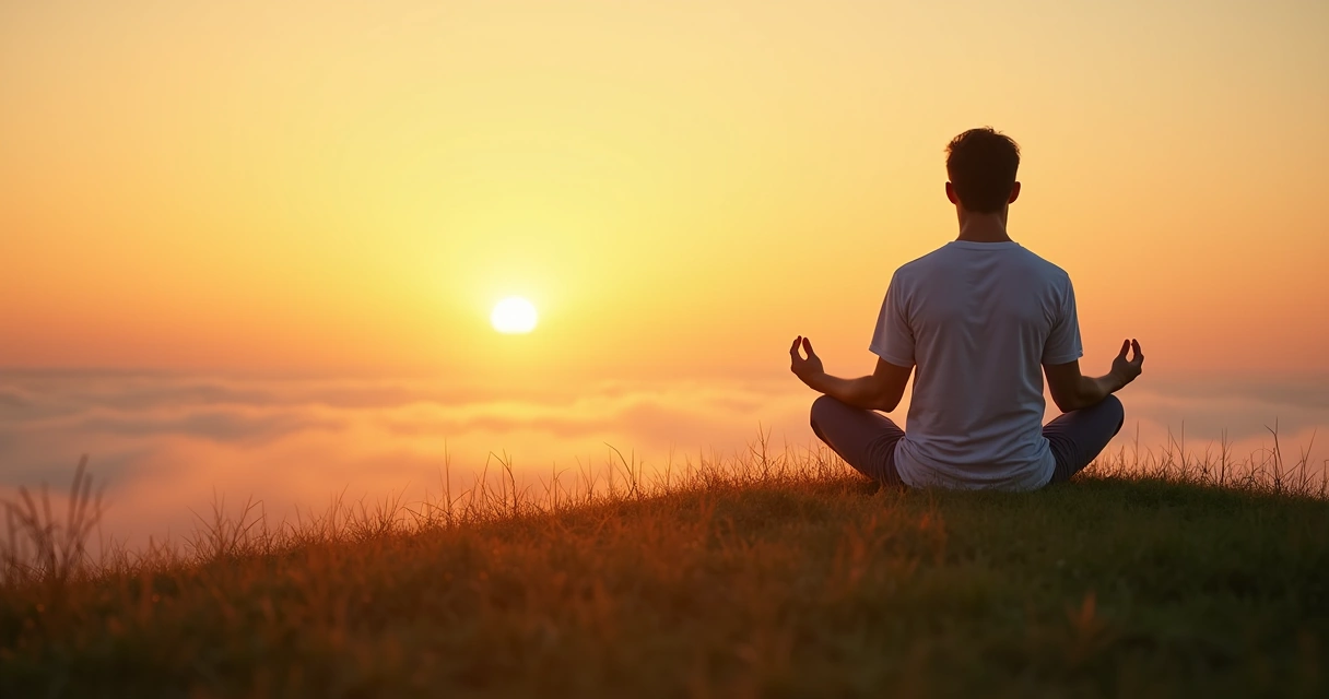 Homem meditando com o nascer do sol ao fundo 