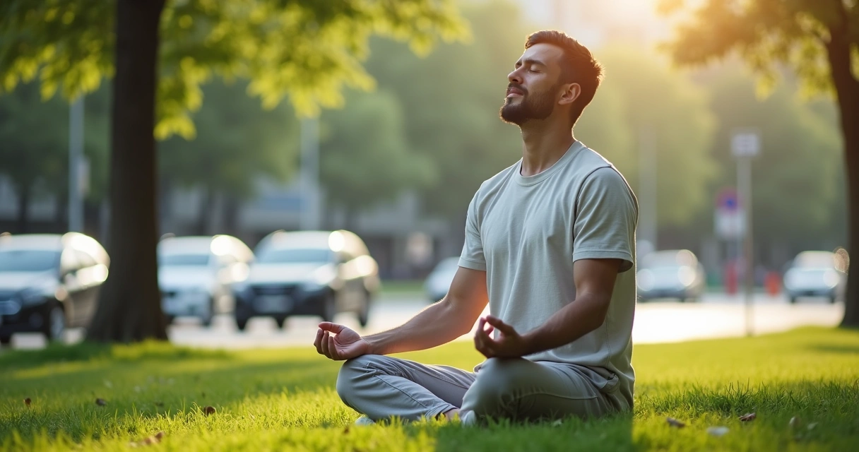 Homem sentado em posição de meditação em um ambiente urbano tranquilo, carros ao fundo 