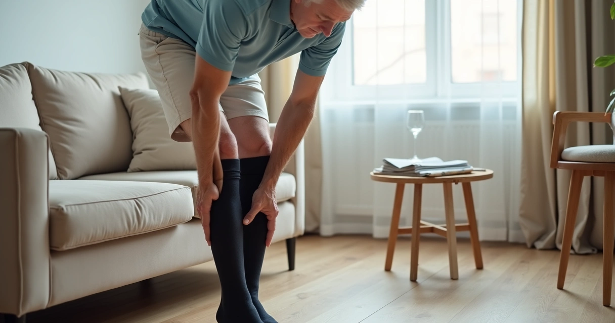 Homem maduro ajustando meia de compressão na perna em sala de estar iluminada 