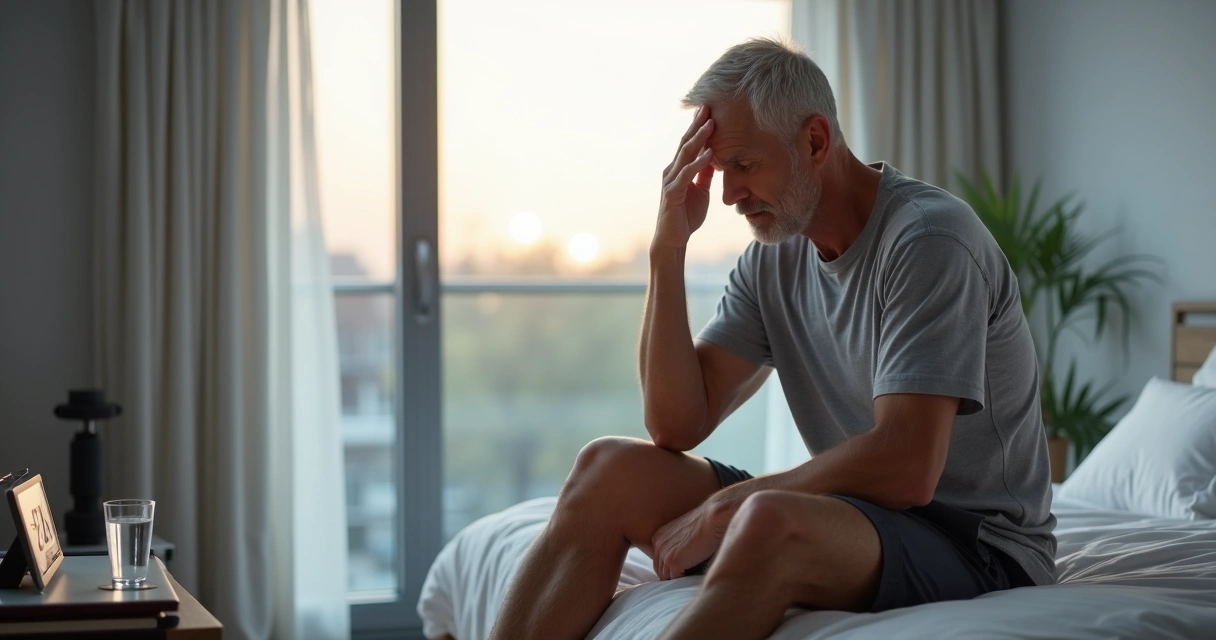 Homem de meia-idade cansado sentado na cama ao amanhecer 