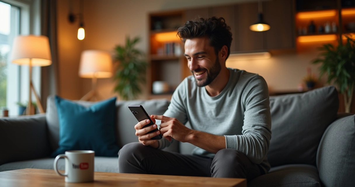 Homem relaxado mexendo no celular em um sofá