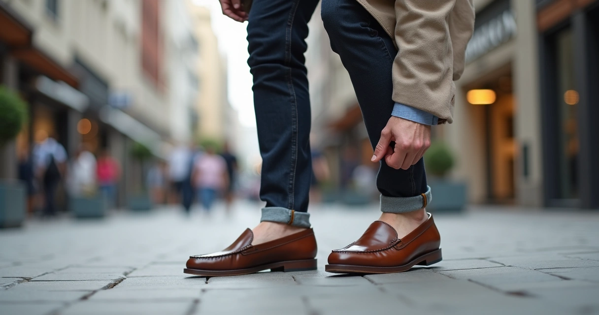 Homem ajustando mocassim marrom em look casual na rua 