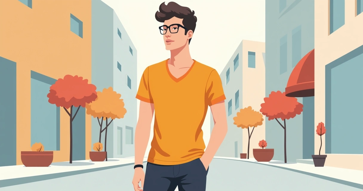 Homem com roupas básicas coloridas em ambiente urbano