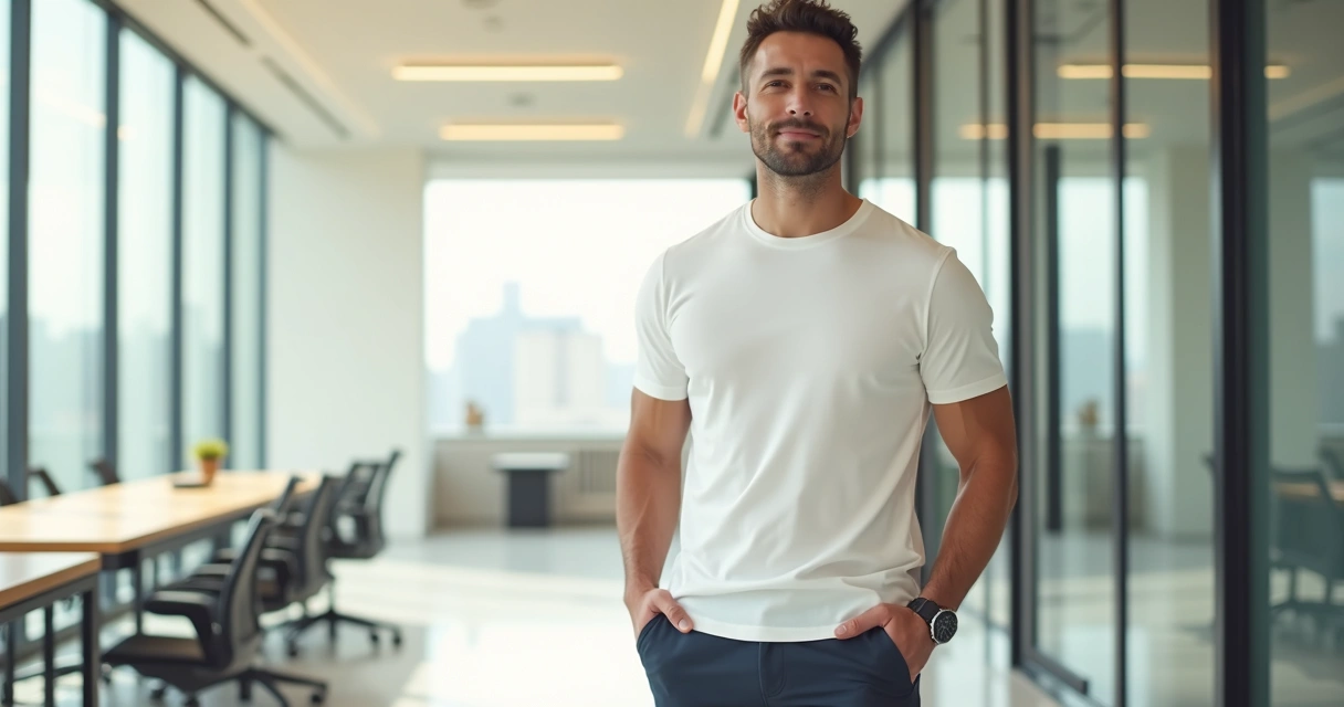 Homem vestindo camiseta minimalista masculina ajustada em ambiente profissional moderno 