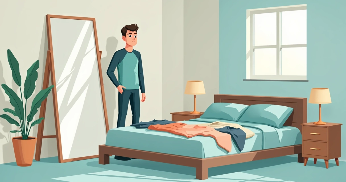 Homem experimentando diferentes estilos de roupas no quarto