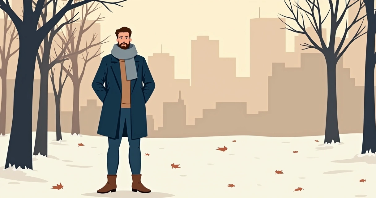 Homem usando casaco azul marinho e cachecol cinza na rua, em meio a folhas secas de inverno.