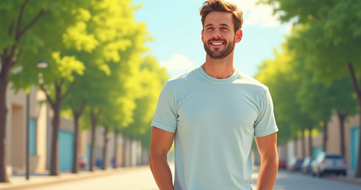 Homem usando camiseta modal de cor clara na rua ensolarada 