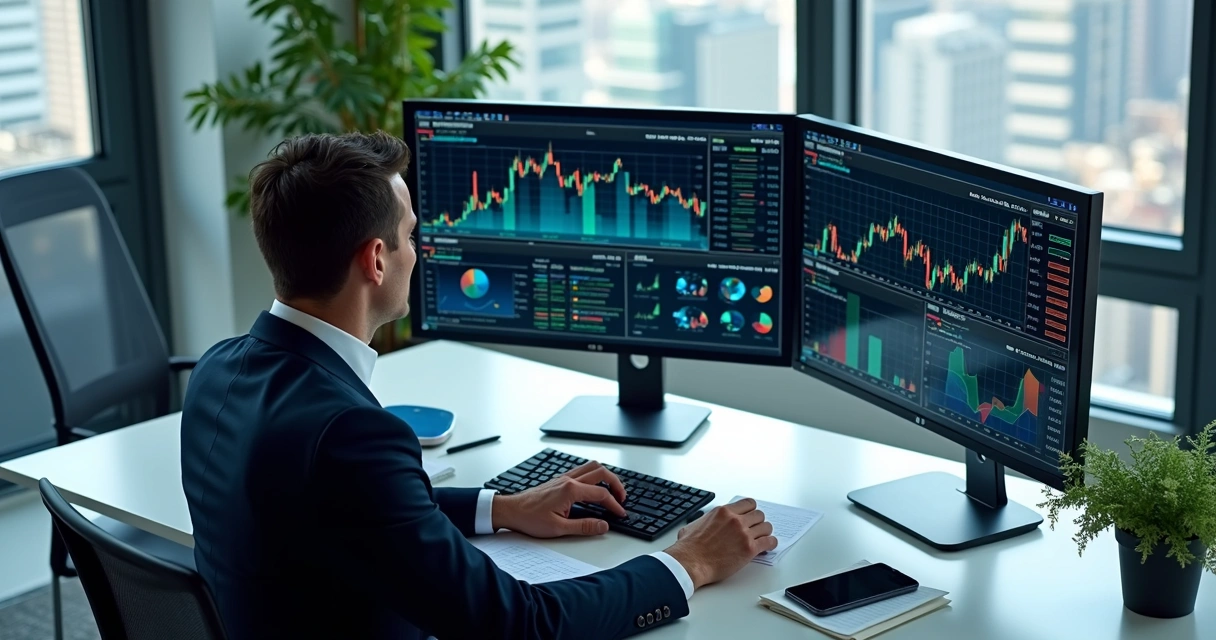 Homem sentado à frente de múltiplos monitores acompanhando gráficos financeiros 