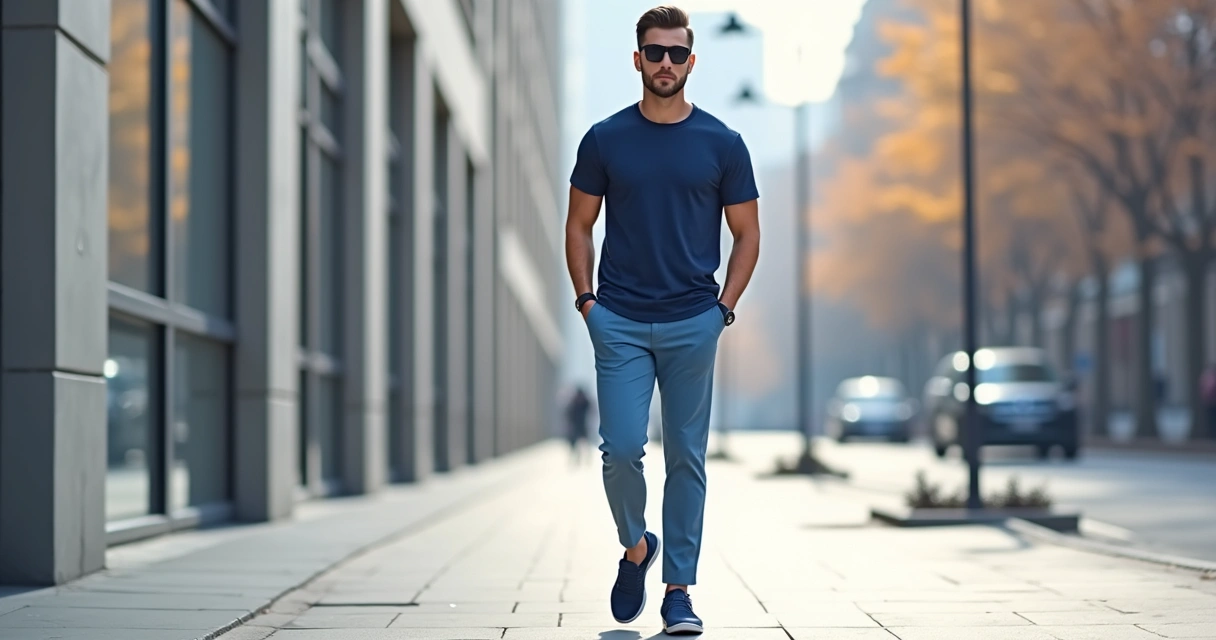 Homem usando look monocromático azul caminhando em ambiente urbano