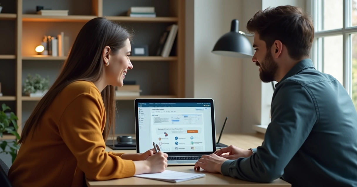 Mulher e homem sentados juntos usam notebook para estudo online 