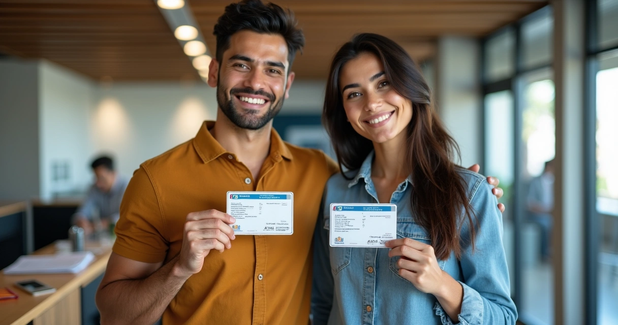 Homem e mulher sorrindo segurando carta de condução portuguesa