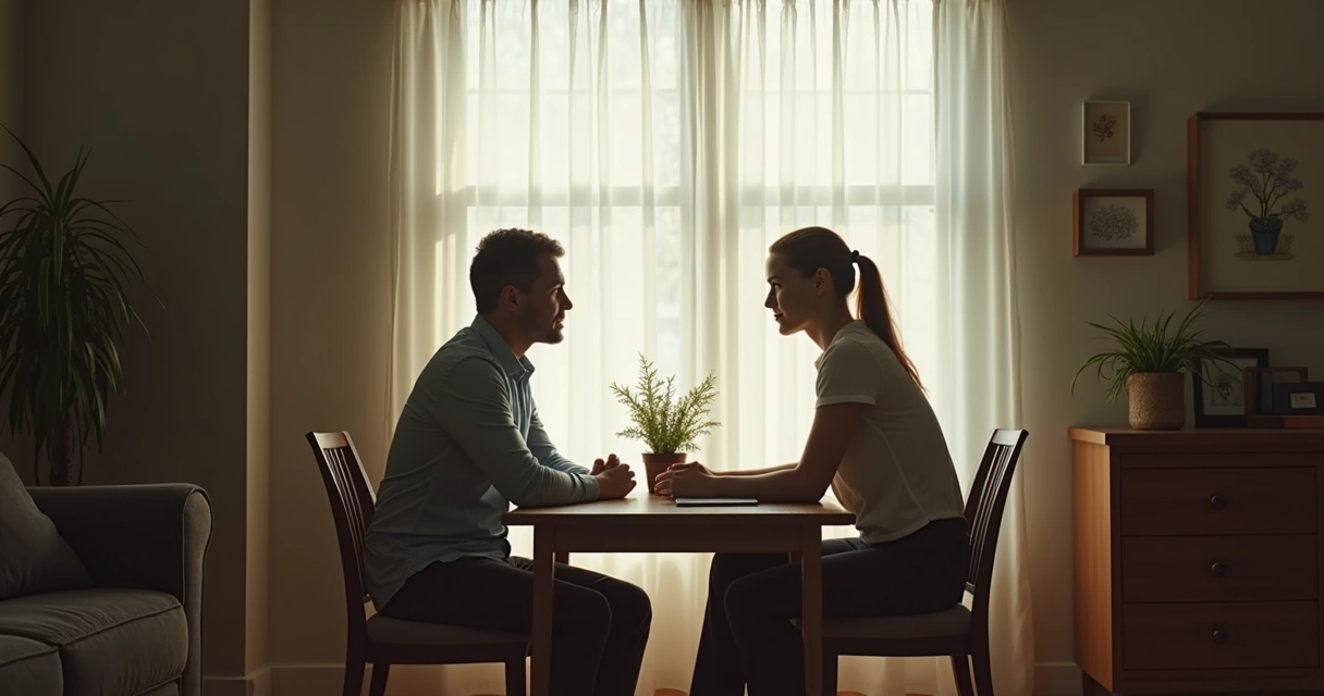 Homem e mulher sentados refletindo em meio à luz suave. 