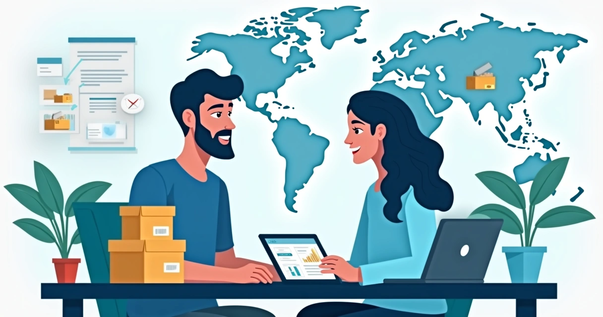 Duas pessoas em volta de uma mesa analisando pedidos de e-commerce 