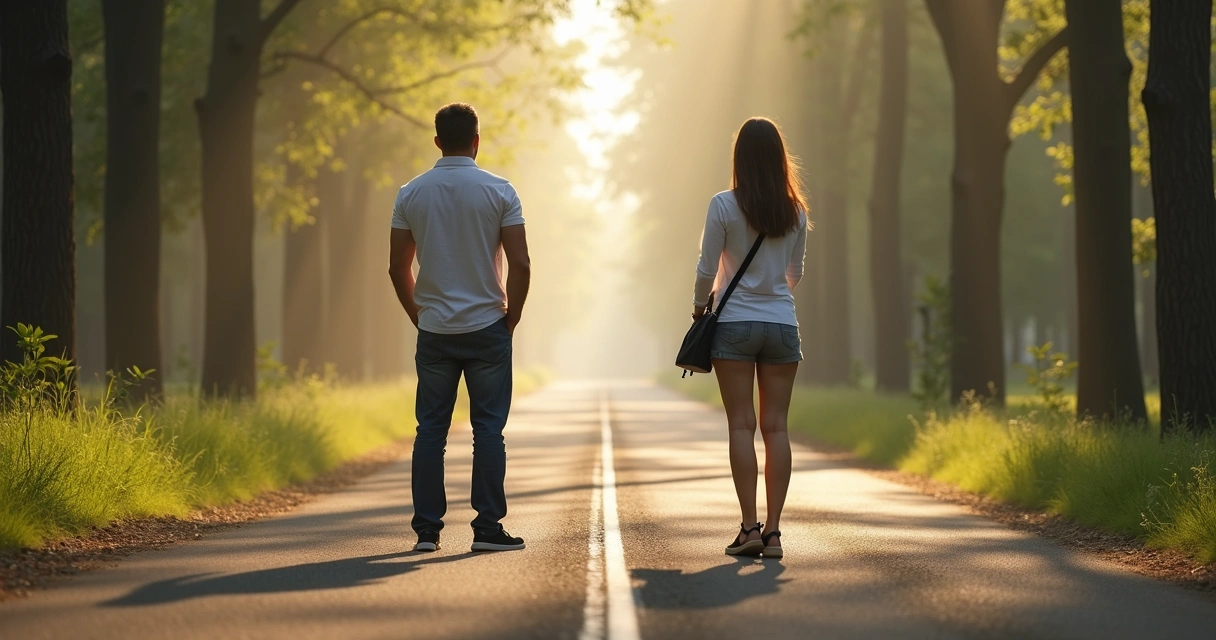 Homem e mulher em uma rua com bifurcação, escolhendo diferentes caminhos, com luz suave e árvores ao fundo. 