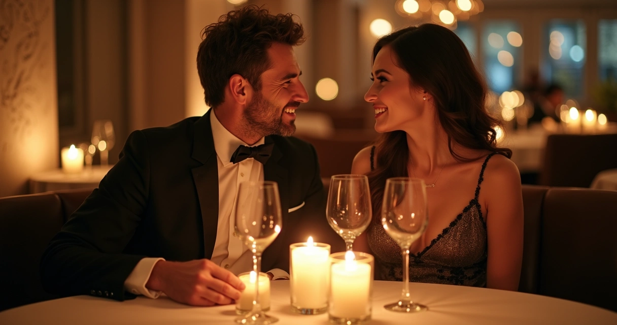 Homem e mulher sorrindo durante jantar sofisticado 