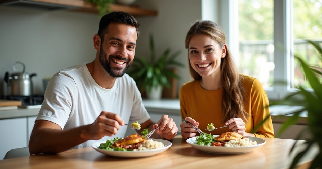 Homem e mulher sorrindo e segurando prato equilibrado de comida