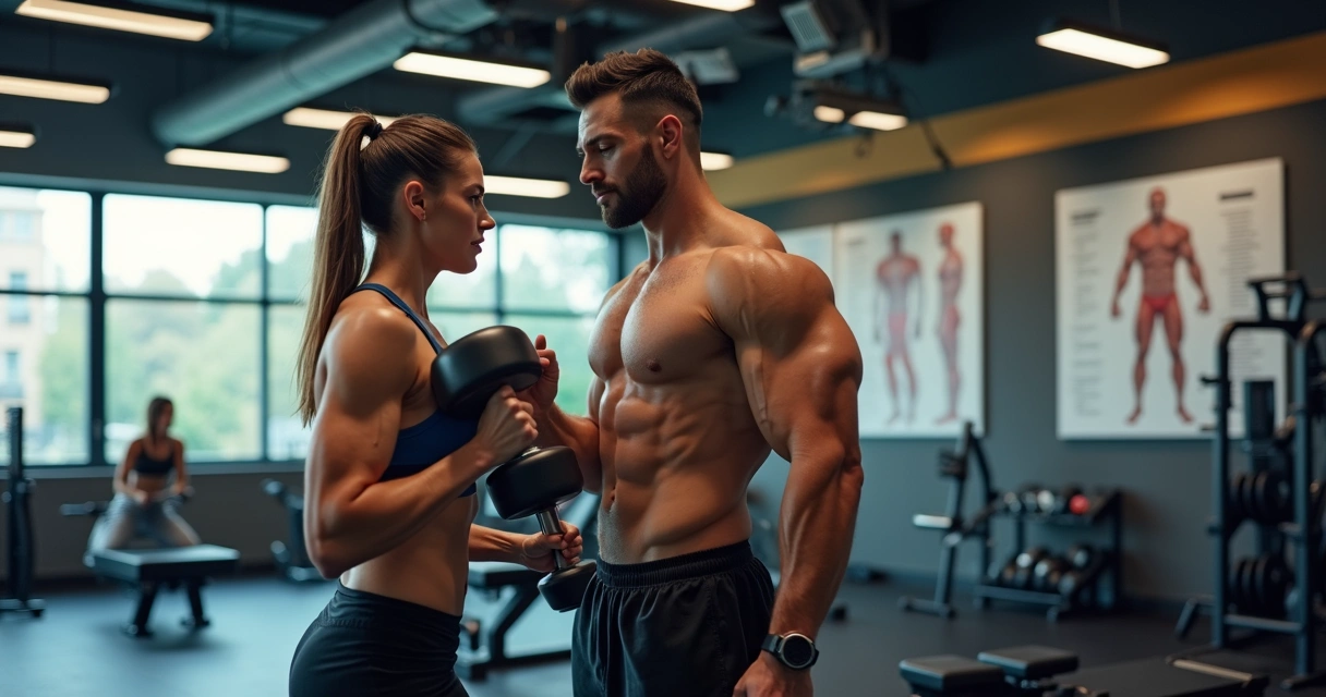 Homem e mulher treinando juntos na academia com equipamentos variados 