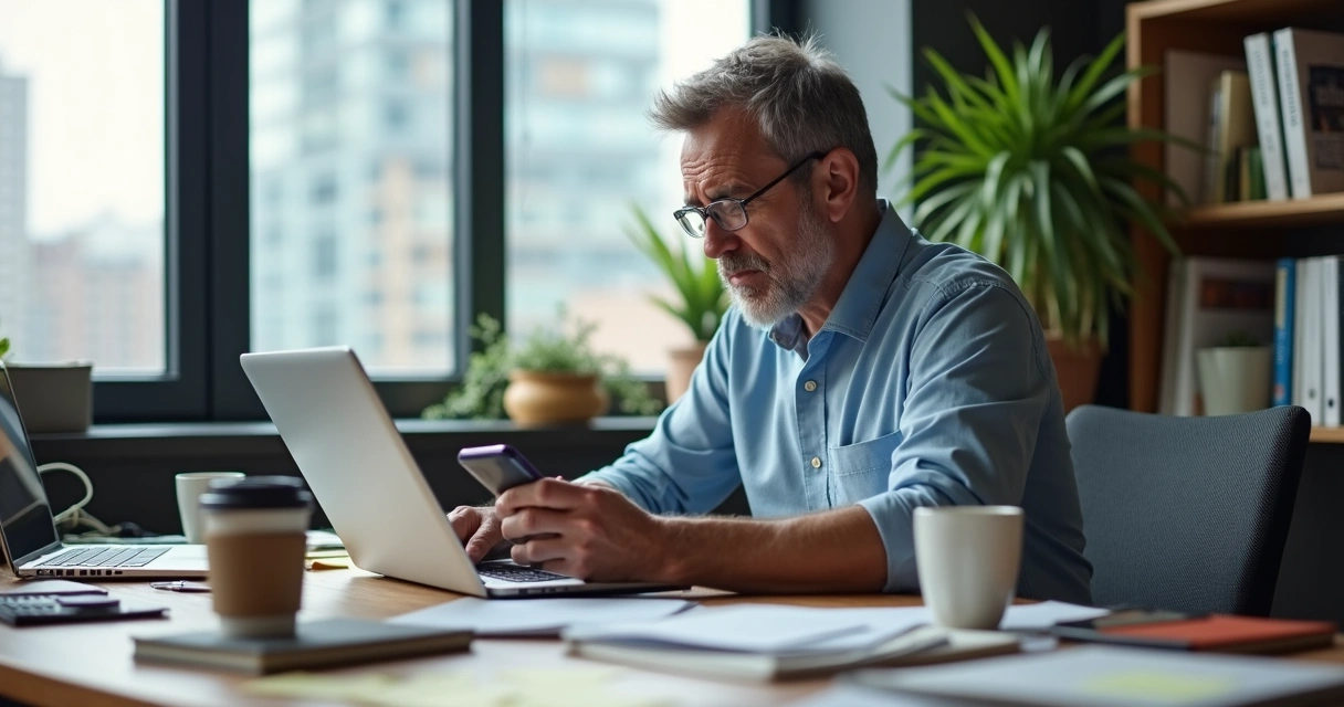 Homem trabalhando em escritório com vários dispositivos eletrônicos 