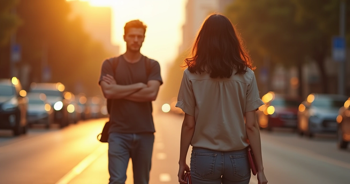 Mulher de costas caminhando para longe de homem narcisista em ambiente urbano ao entardecer 