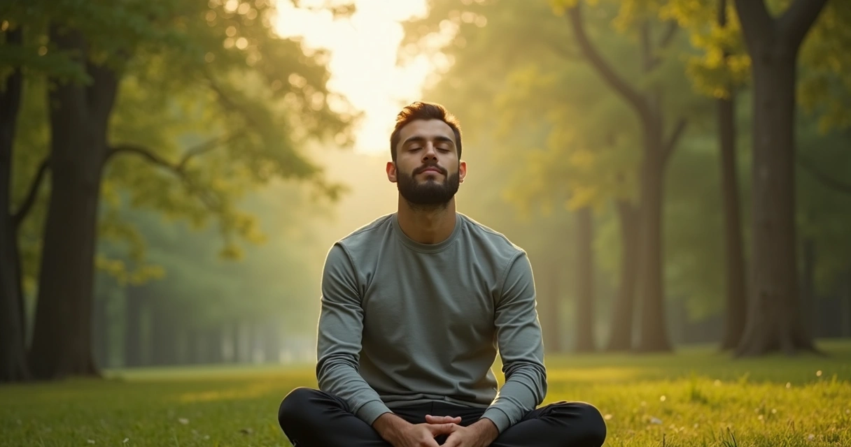 Homem sentado em posição de silêncio contemplativo perto de árvores.