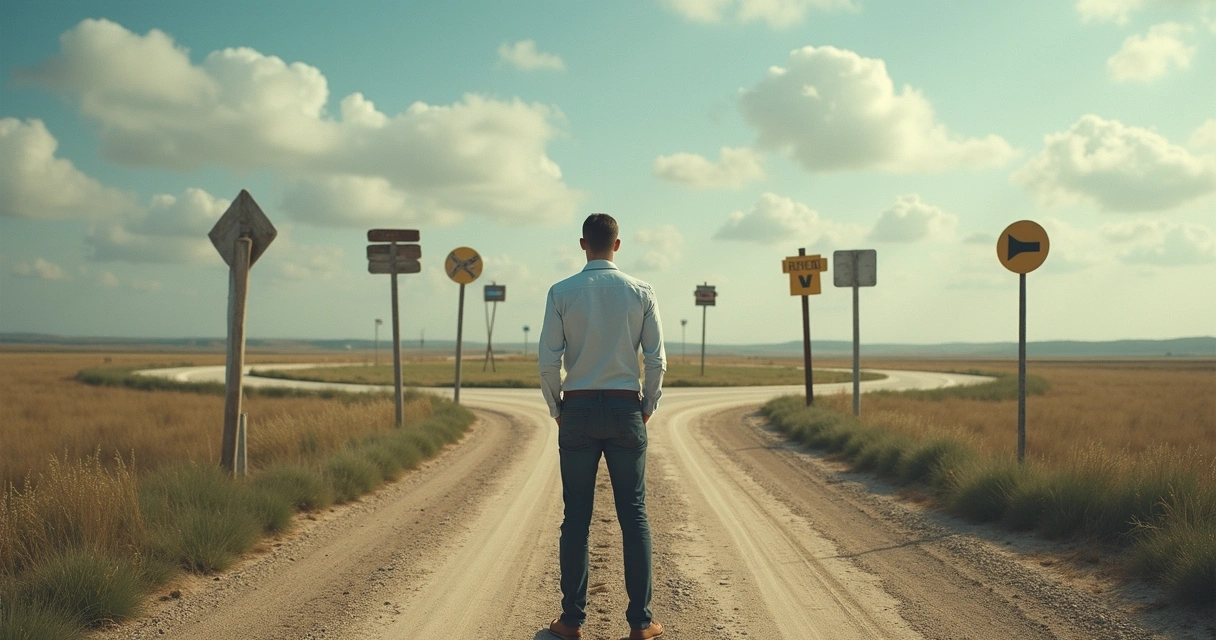 Homem parado em um cruzamento, cercado por vários caminhos à sua frente 