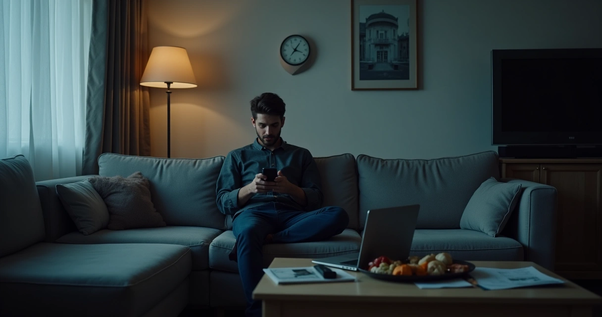 Homem sentado em sofá olhando para o celular em ambiente escuro 