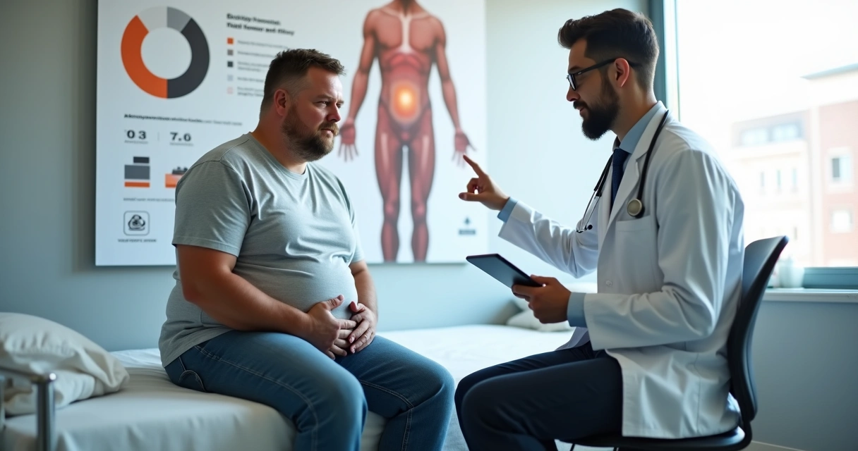 Homem com sobrepeso em consulta médica discutindo saúde sexual e emagrecimento 
