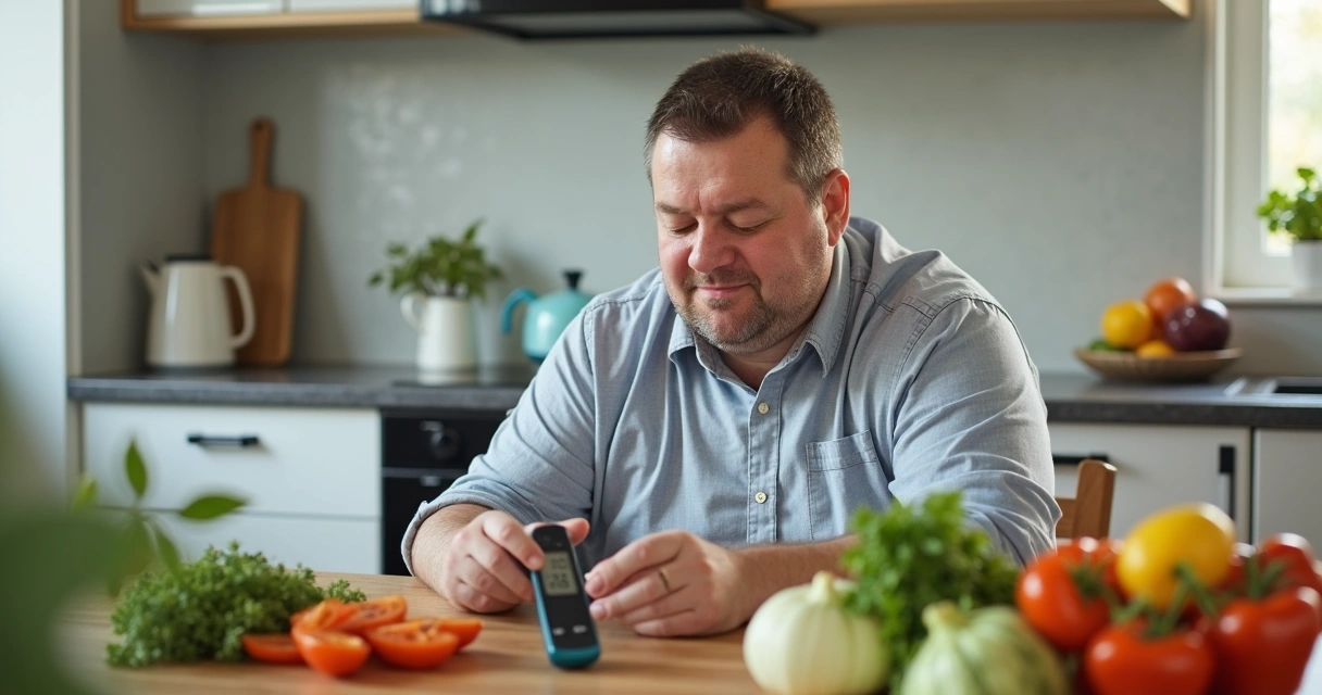 Homem com sobrepeso sentado à mesa, olhando para alimentos saudáveis e um medidor de glicose 