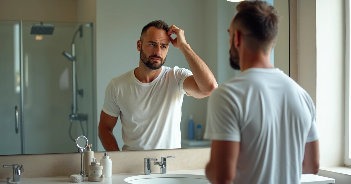 Homem adulto analisando fios de cabelo ralos em frente ao espelho do banheiro 