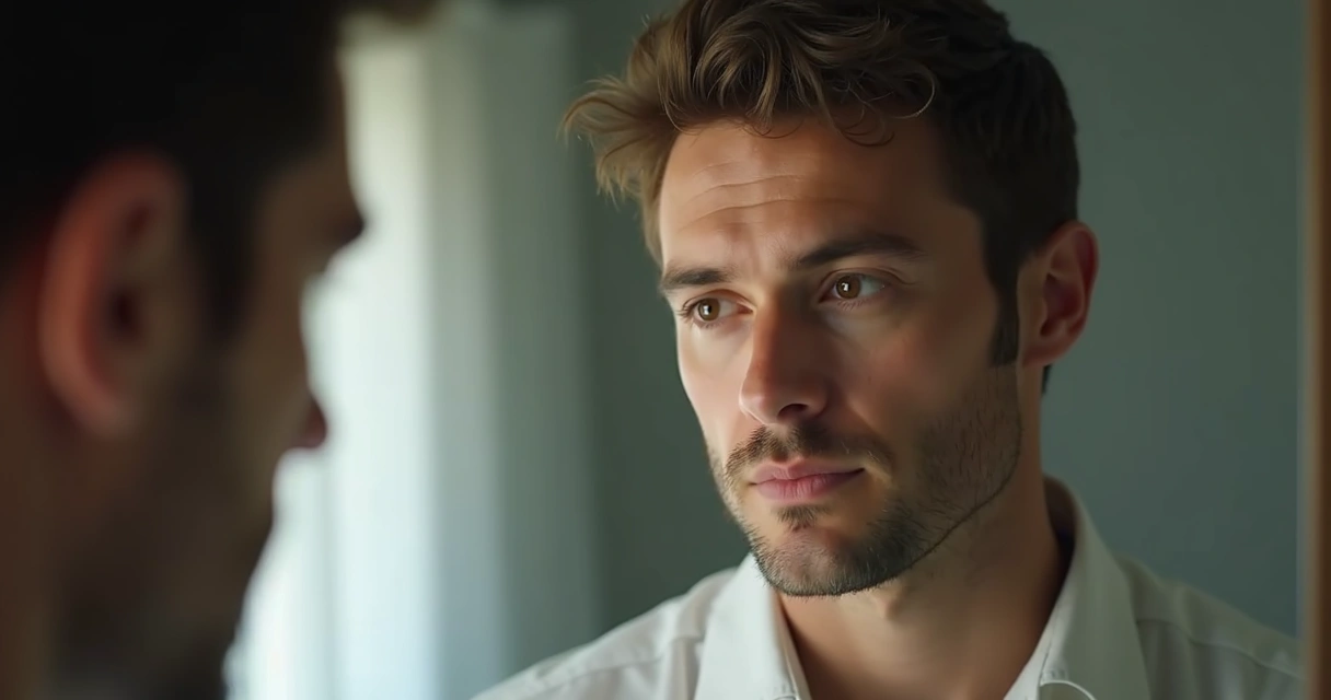 Homem olhando para si mesmo no espelho, refletindo com expressão neutra