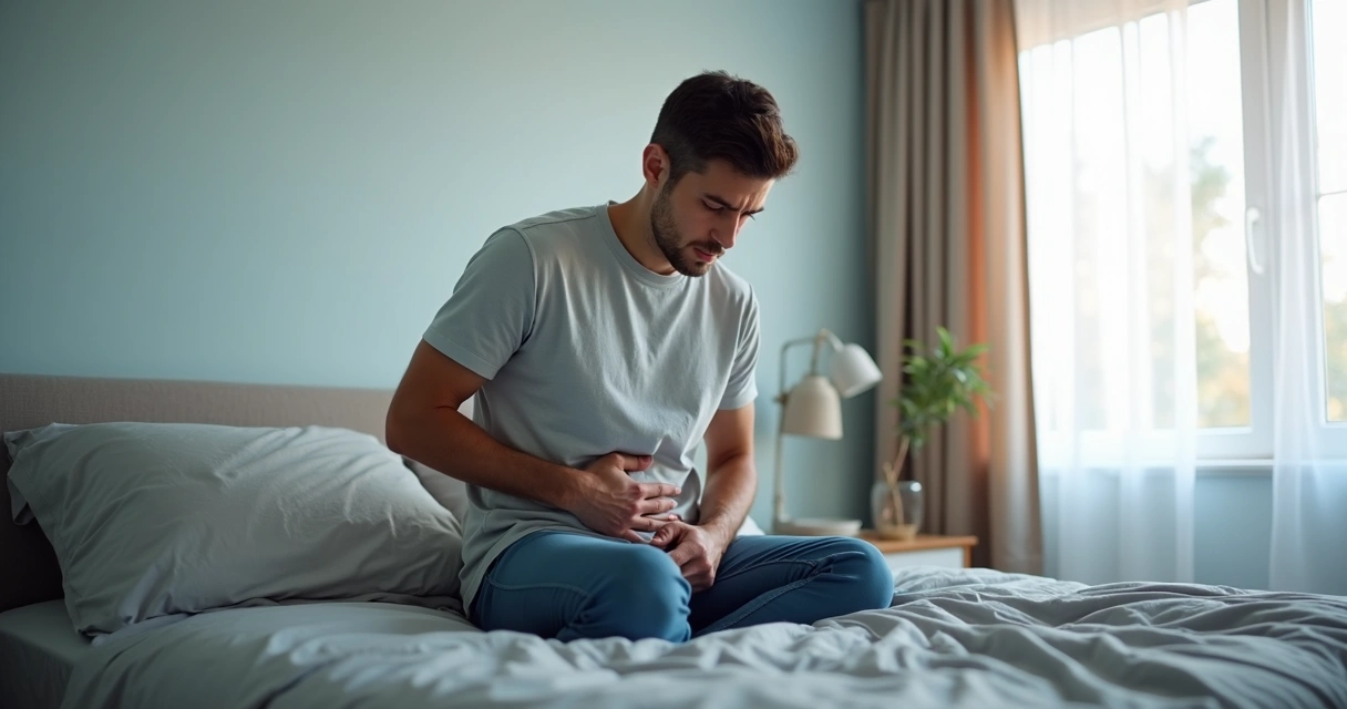 Homem sentado na cama observando desconforto leve e expressão pensativa 