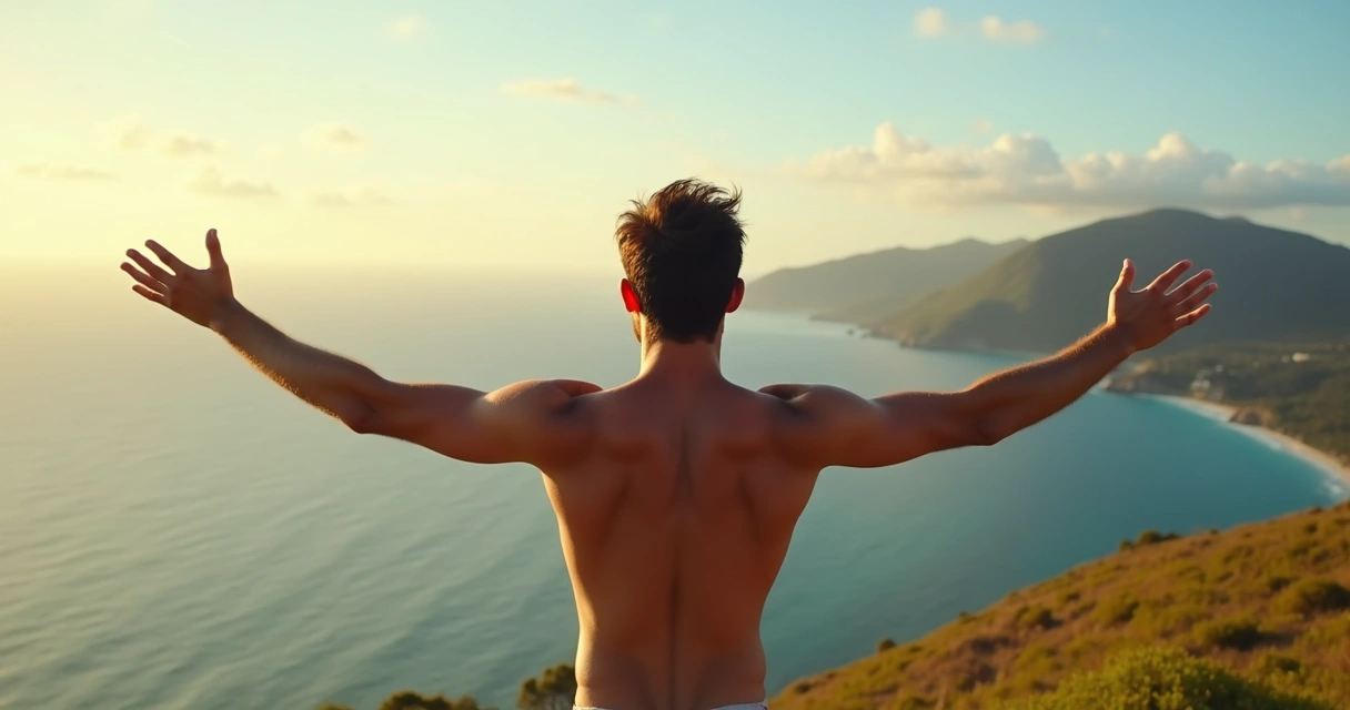 Homem de costas olhando para o oceano com braços abertos 