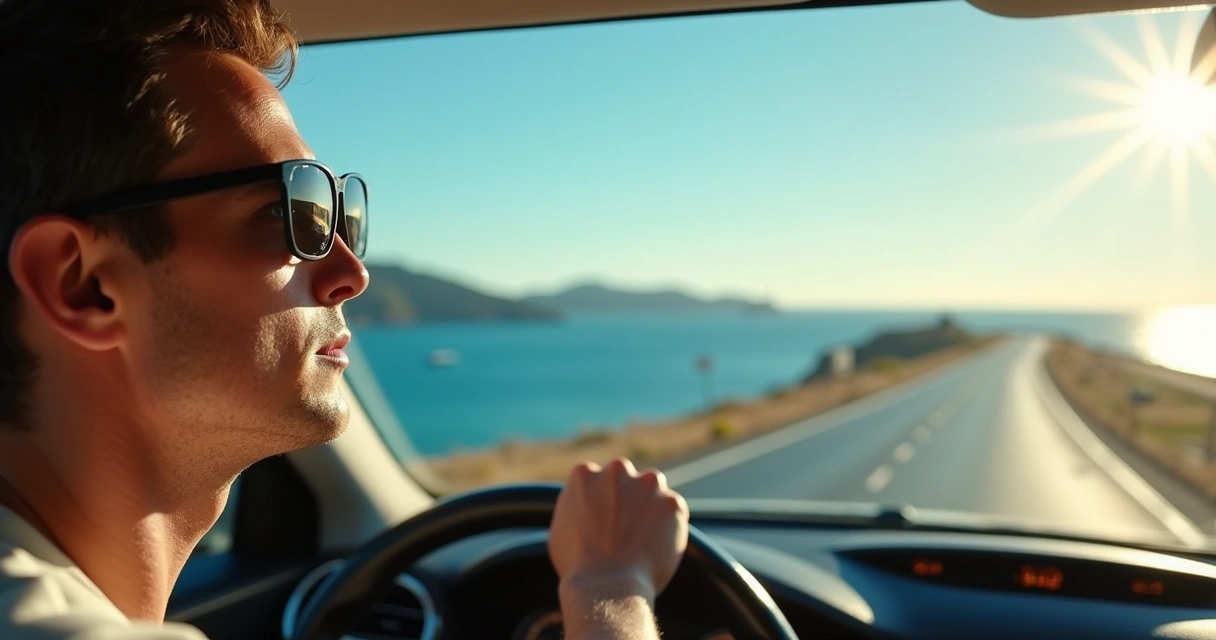 Homem com óculos de sol de lentes polarizadas dirigindo em estrada litorânea ensolarada 