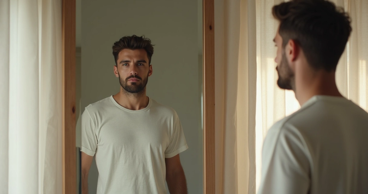 Homem observando seu próprio reflexo em um espelho 