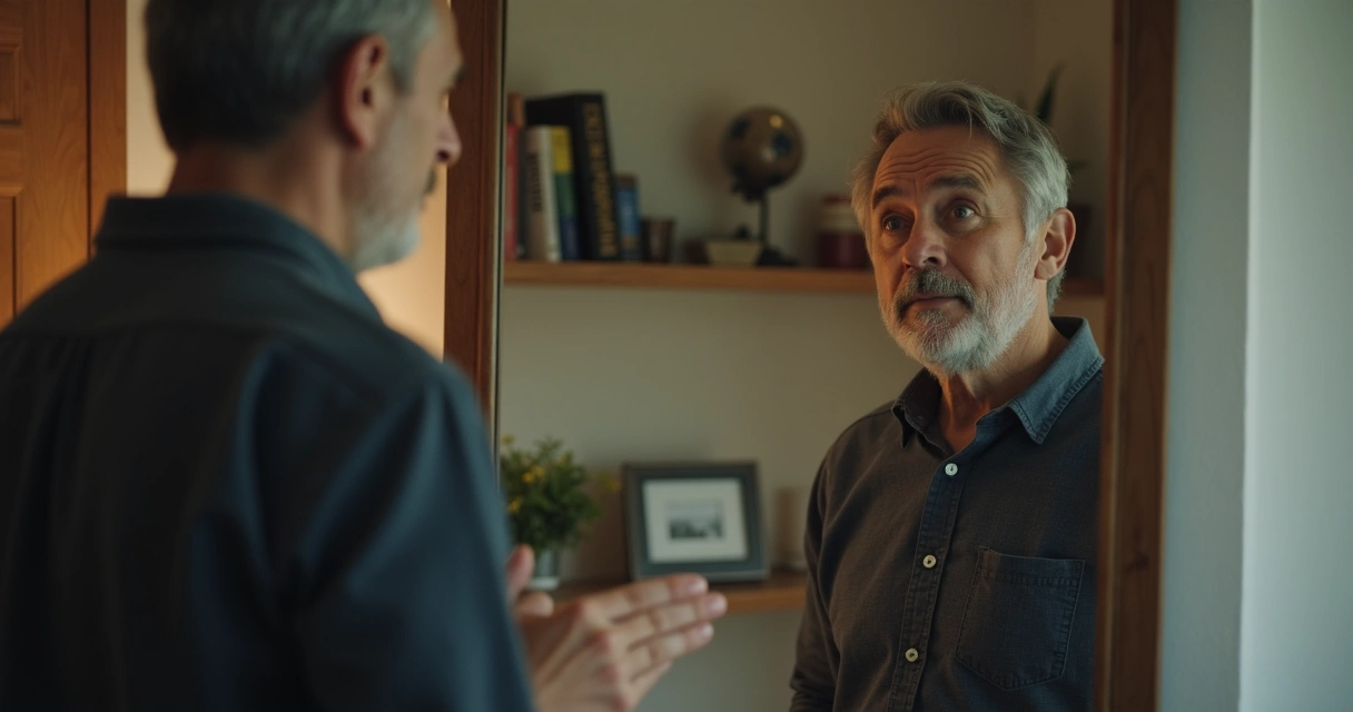 Homem olhando para o espelho em reflexão profunda 