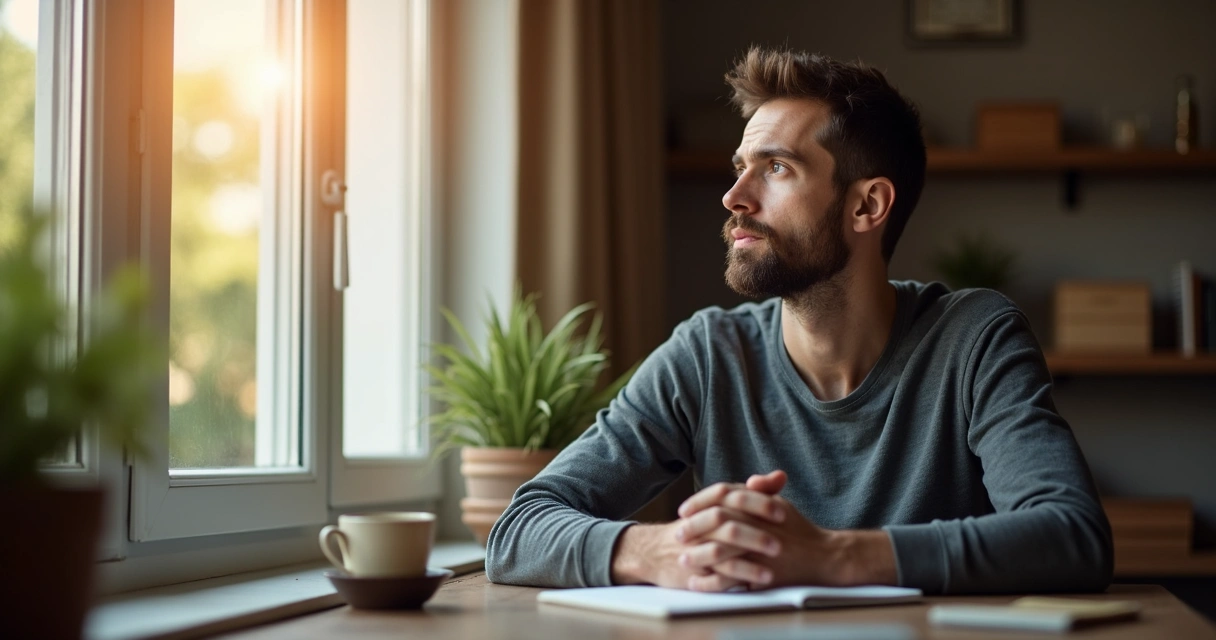 Homem sentado olhando pela janela, com expressão reflexiva, luz suave e ambiente tranquilo 