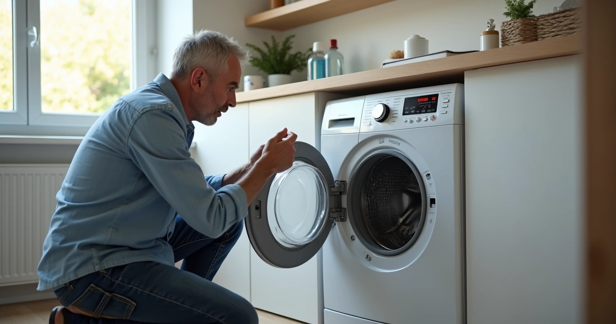 Homem examinando máquina de lavar roupas parada 