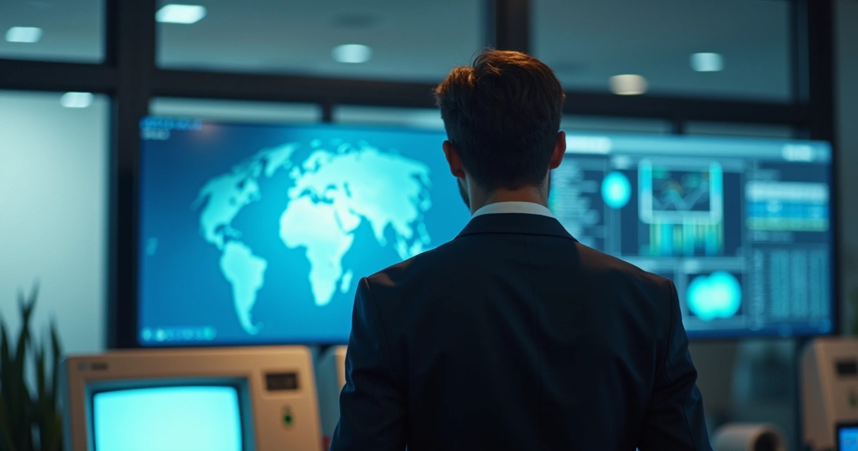 Homem em escritório observando monitor antigo em contraste com equipamentos modernos ao fundo 