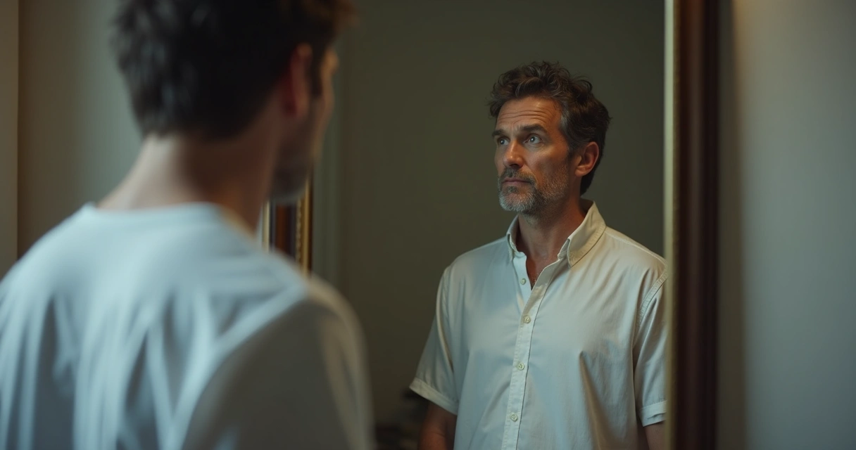 Homem olhando no espelho, reflexo mostra expressão diferente 